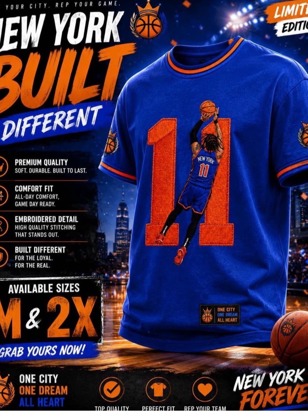 New York #11 Blue Basketball Tee with Orange Accents